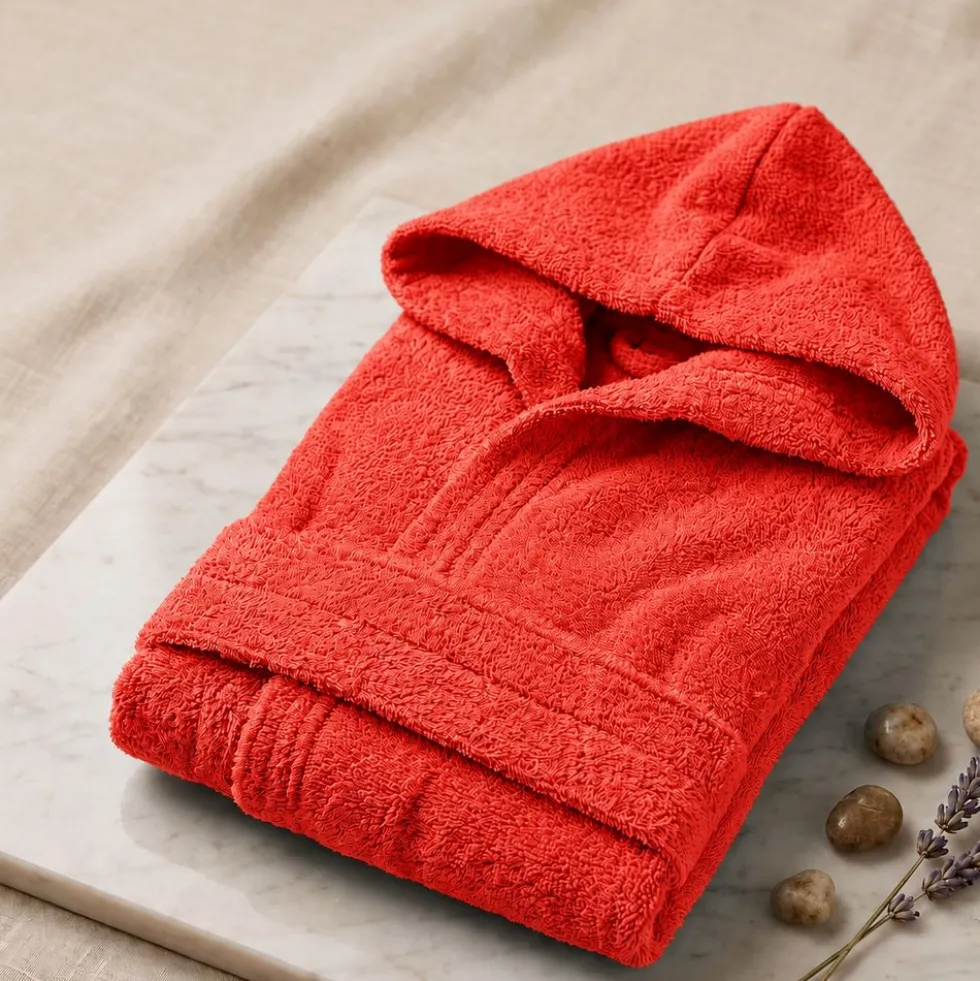 Accappatoio bambino in spugna con cappuccio rosso