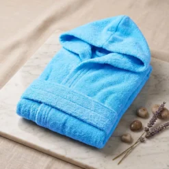 Accappatoio bambino in spugna con cappuccio turchese