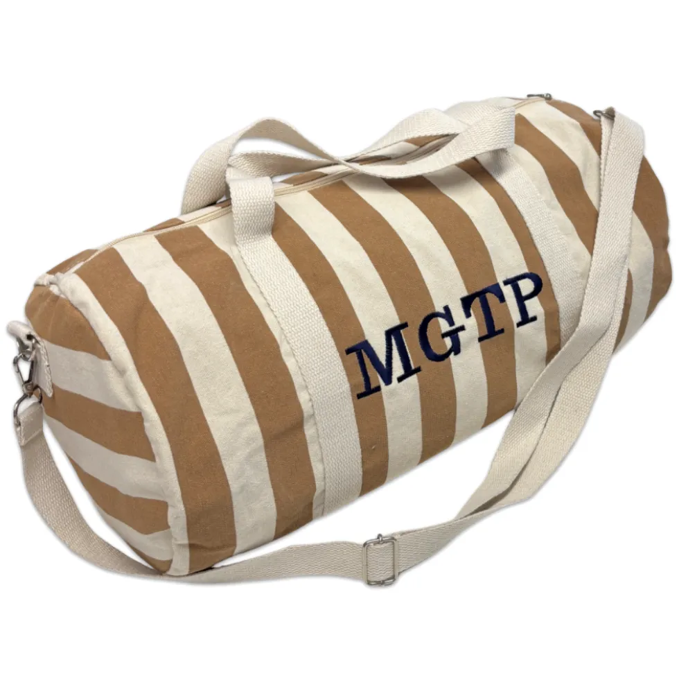 Borsone in Tessuto a Righe beige con Manici e Tracolla