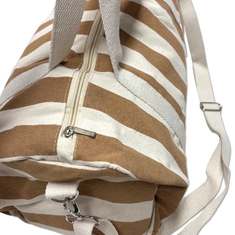 Borsone in Tessuto a Righe beige con Manici e Tracolla