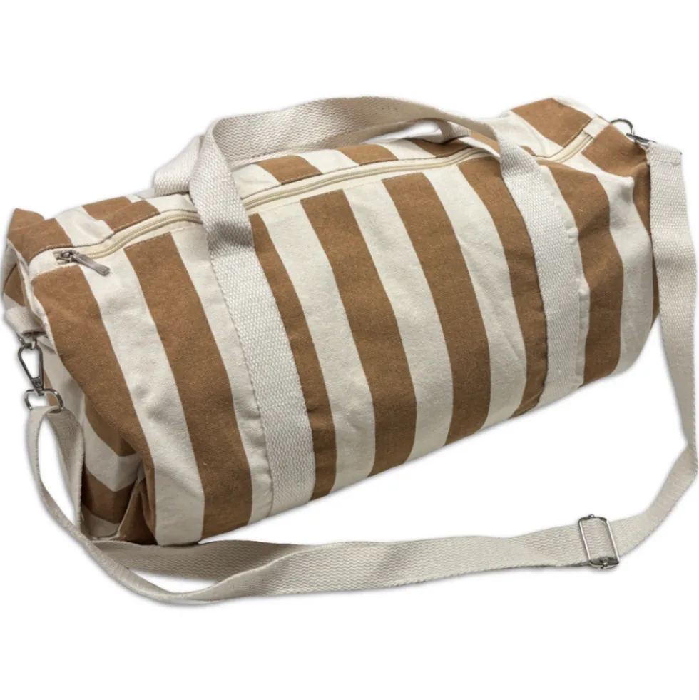 Borsone in Tessuto a Righe beige con Manici e Tracolla