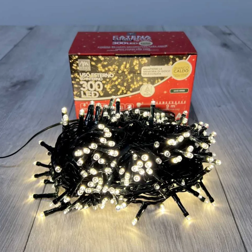 Catena Luminosa interno/esterno bianco caldo 100 led filo verde