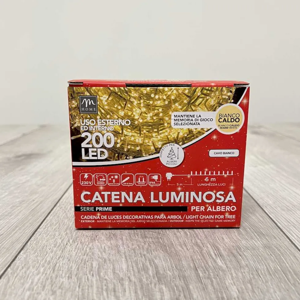 Catena luminosa interno/esterno bianco caldo 200 led filo bianco