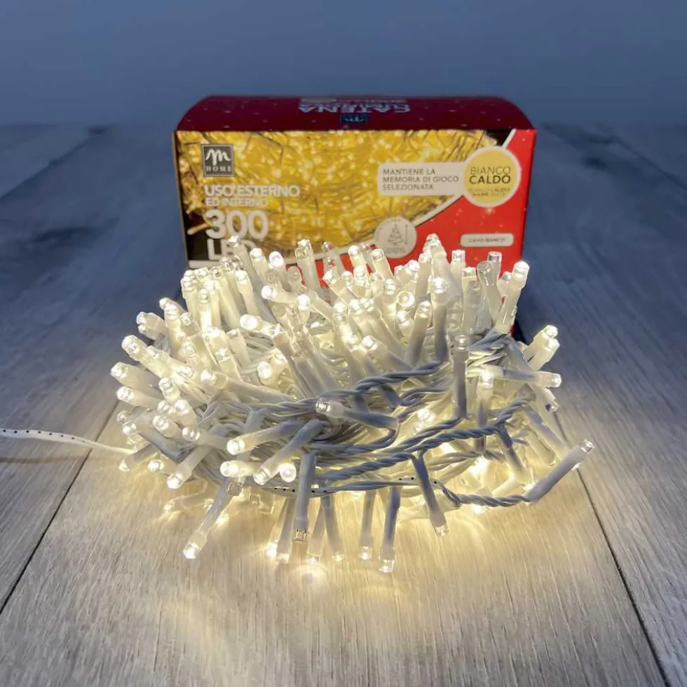 Catena luminosa interno/esterno bianco caldo 100 led filo bianco