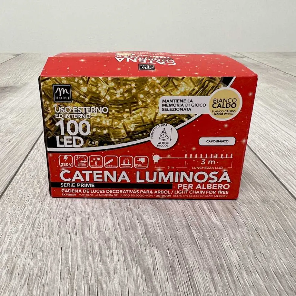 Catena luminosa interno/esterno bianco caldo 100 led filo bianco