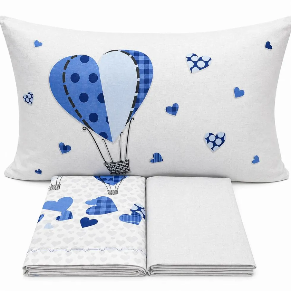 Completo Lenzuola Cuori a mongolfiera azzurro Singolo