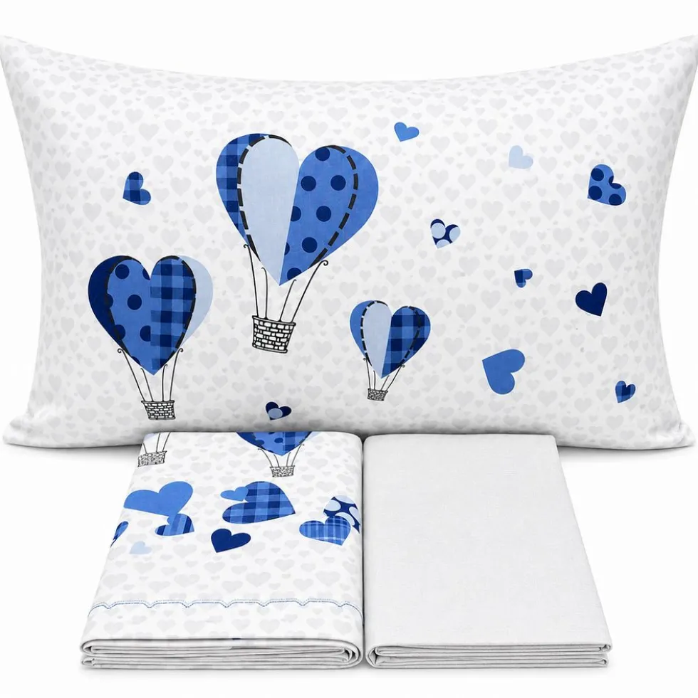 Completo Lenzuola Cuori a mongolfiera azzurro Matrimoniale