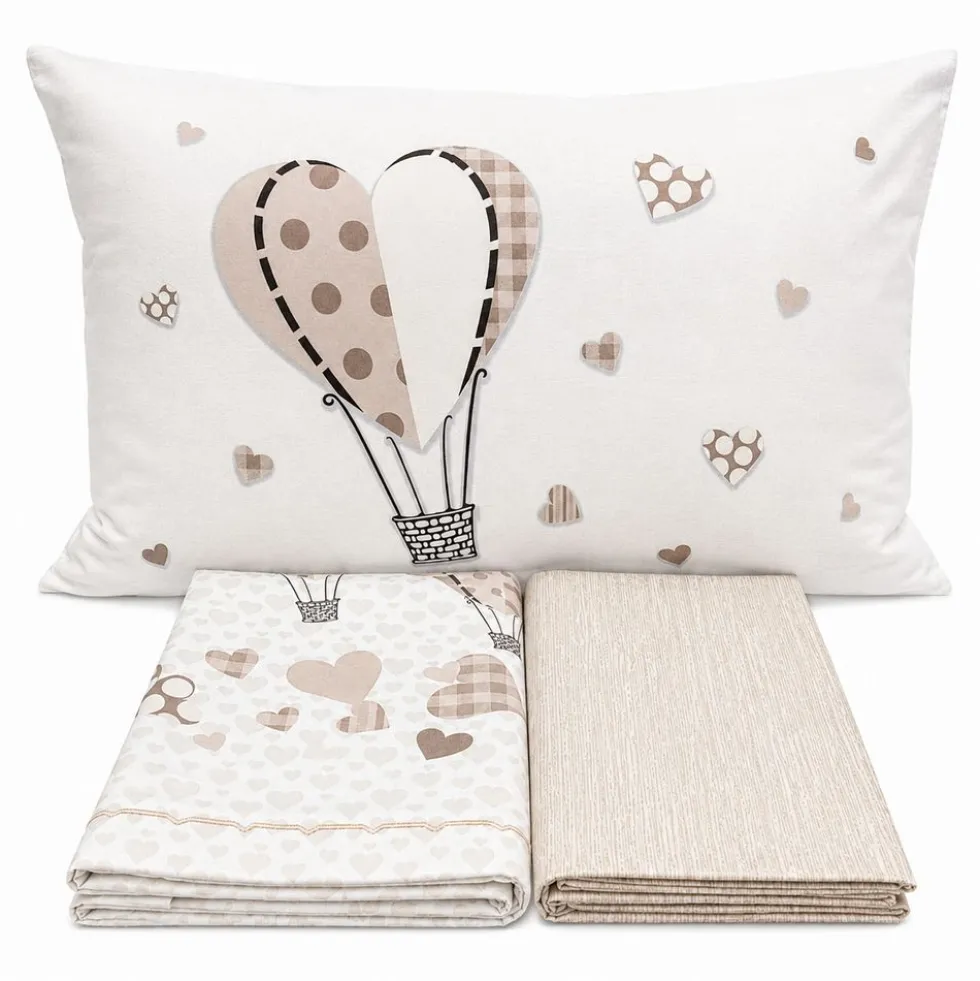 Completo Lenzuola Cuori a mongolfiera beige Singolo