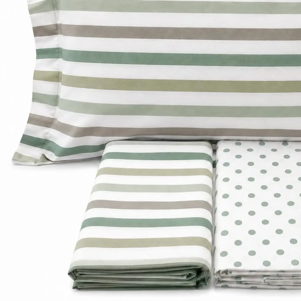 Completo Lenzuola dots e stripe verde Matrimoniale