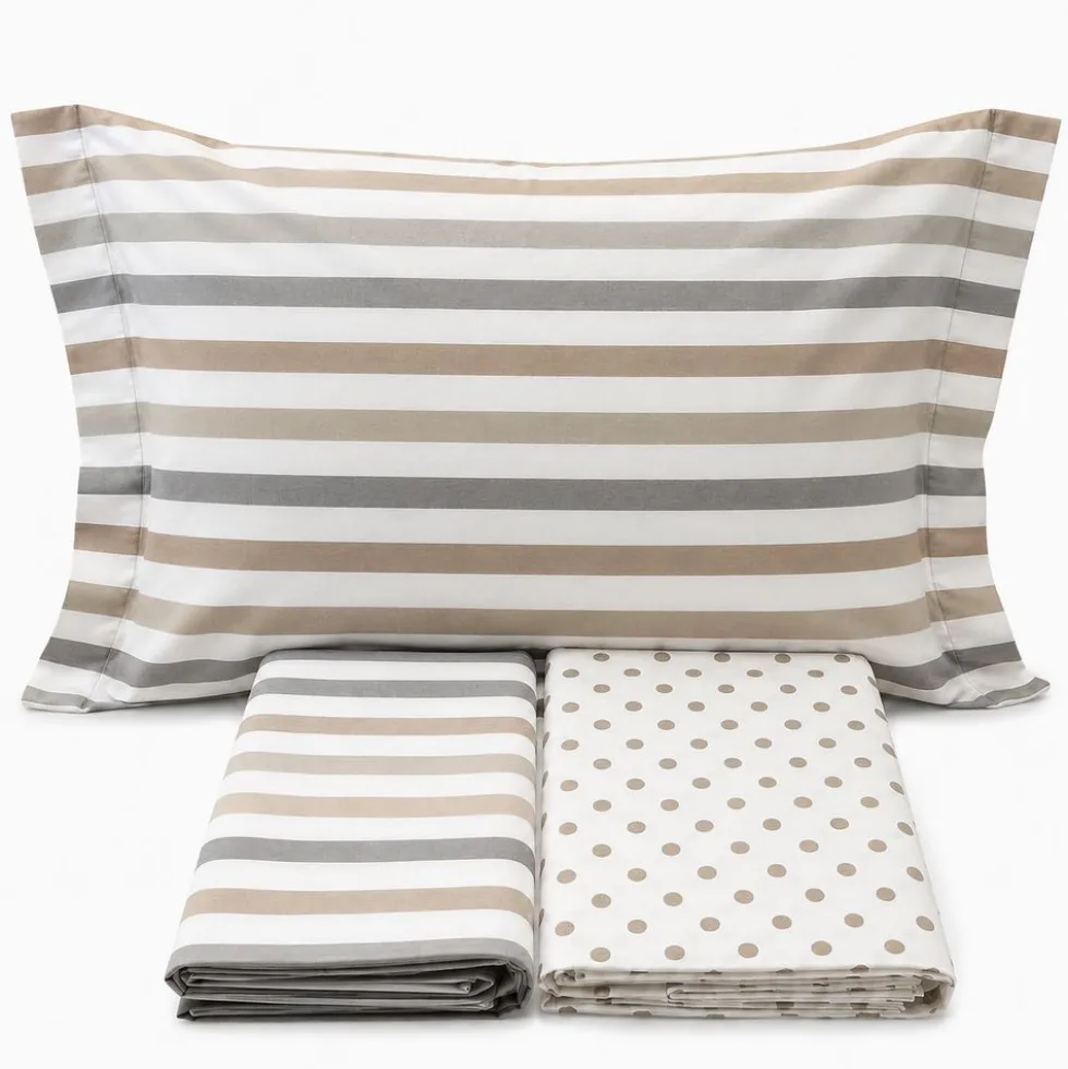 Completo Lenzuola dots e stripe tortora Matrimoniale