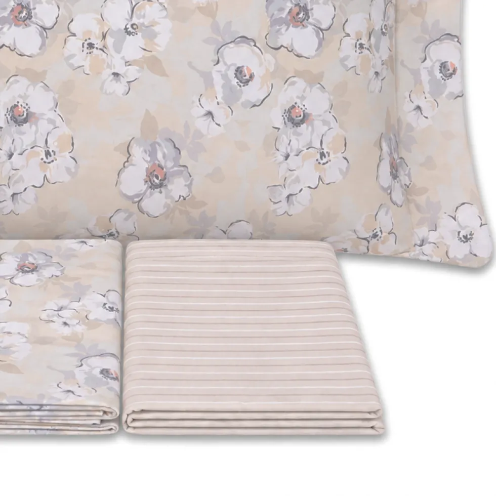 Completo Lenzuola Fiori Indie Beige Matrimoniale