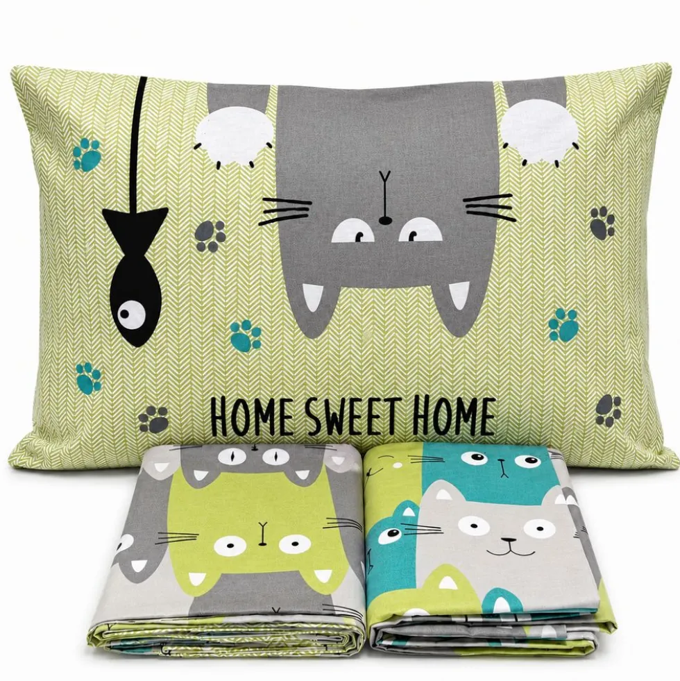 Completo Lenzuola Gatti felici Verde Matrimoniale