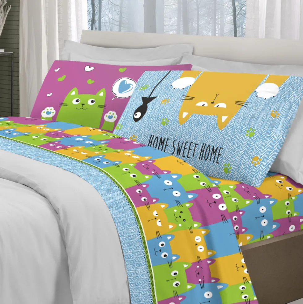 Completo Lenzuola Gatti felici Multicolor Singolo