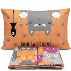 Completo Lenzuola Gatti felici Arancio Piazza e mezzo