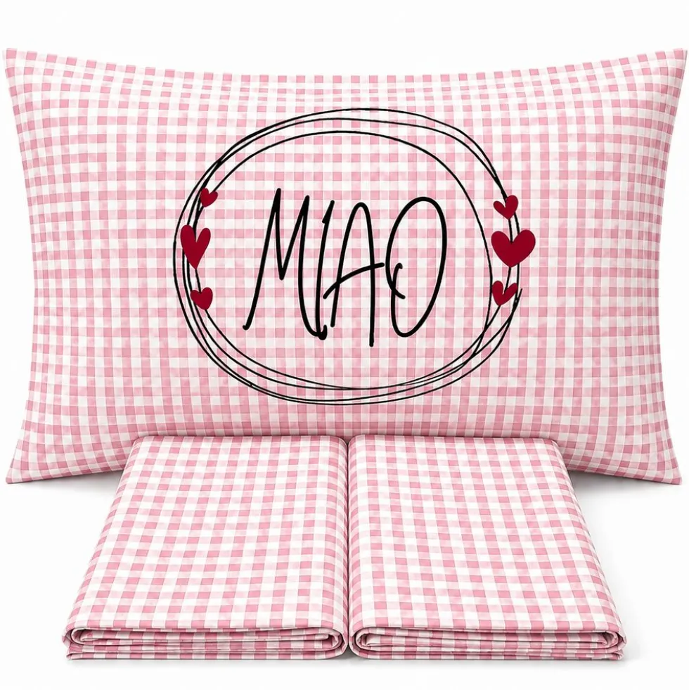 Completo Lenzuola Miao quadretti rosa Singolo