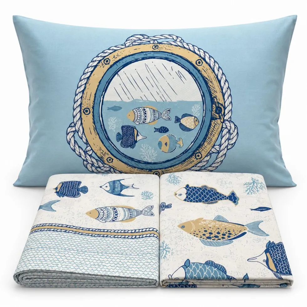 Completo Lenzuola Oceano Bianco Azzurro Matrimoniale