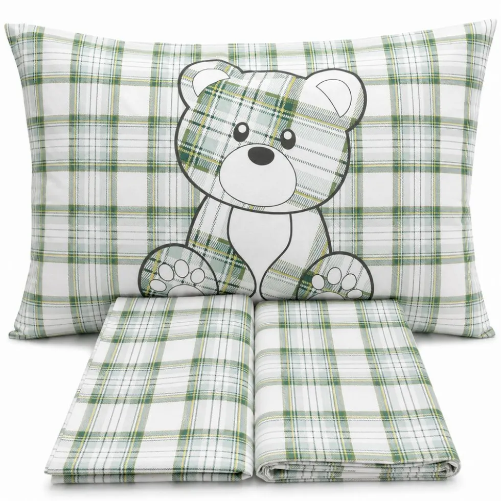 Completo Lenzuola Orsetto tartan verde Singolo