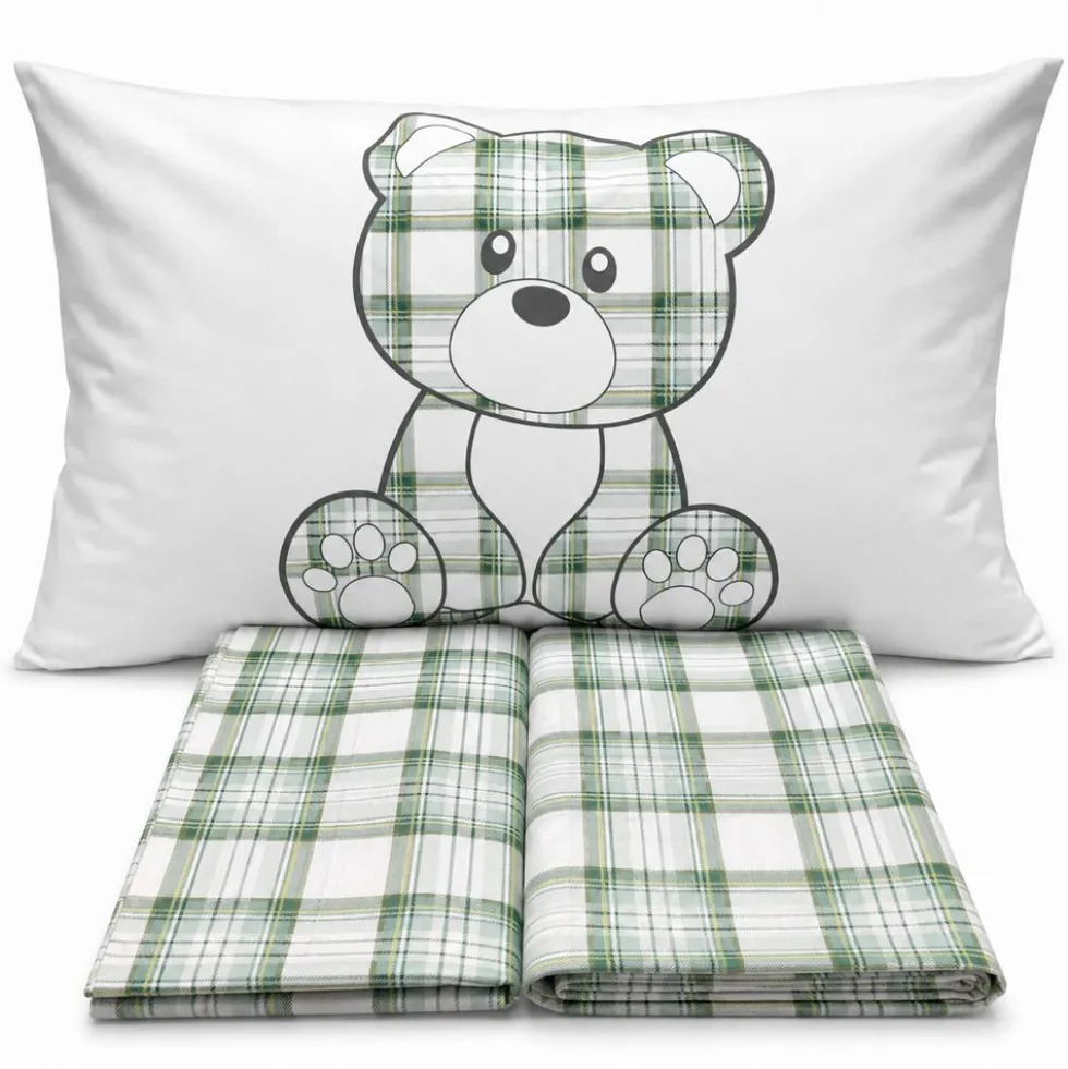 Completo Lenzuola Orsetto tartan verde Singolo