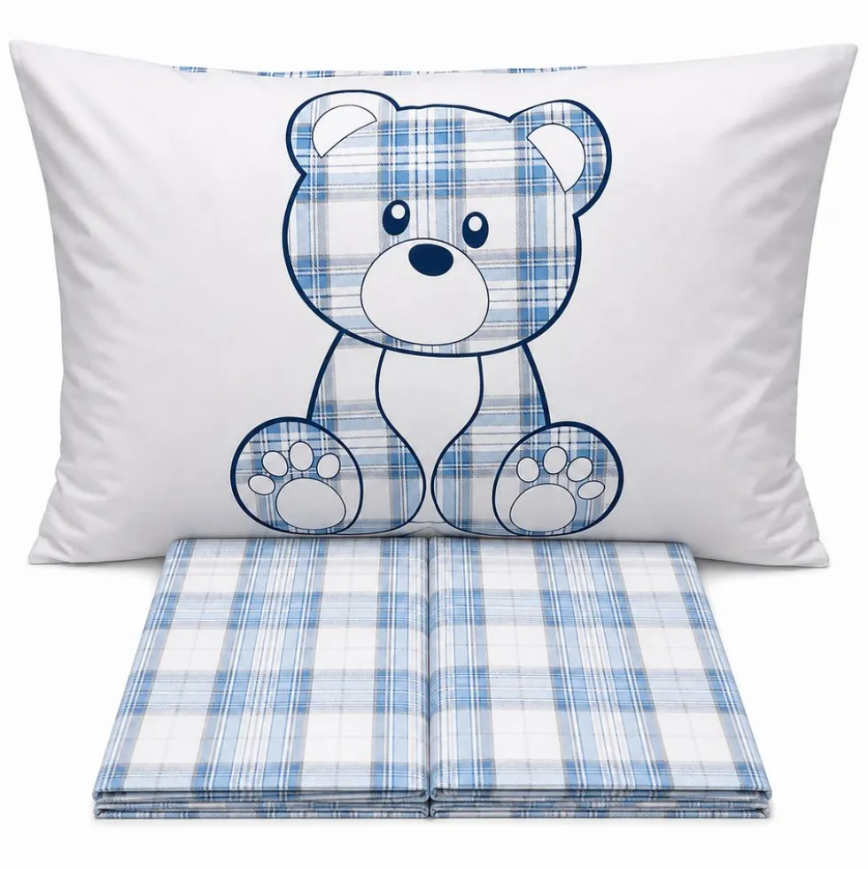 Completo Lenzuola Orsetto tartan Azzurro Piazza e mezzo