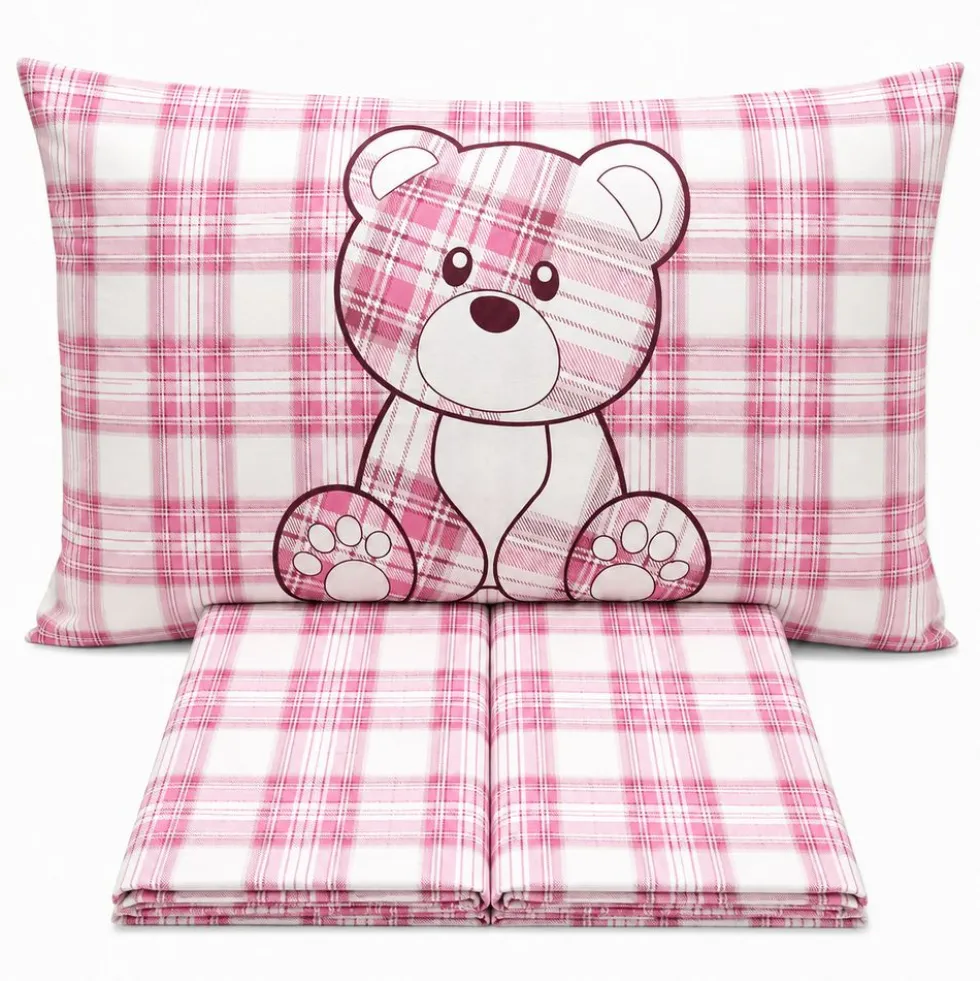 Completo Lenzuola Orsetto tartan Rosa Matrimoniale