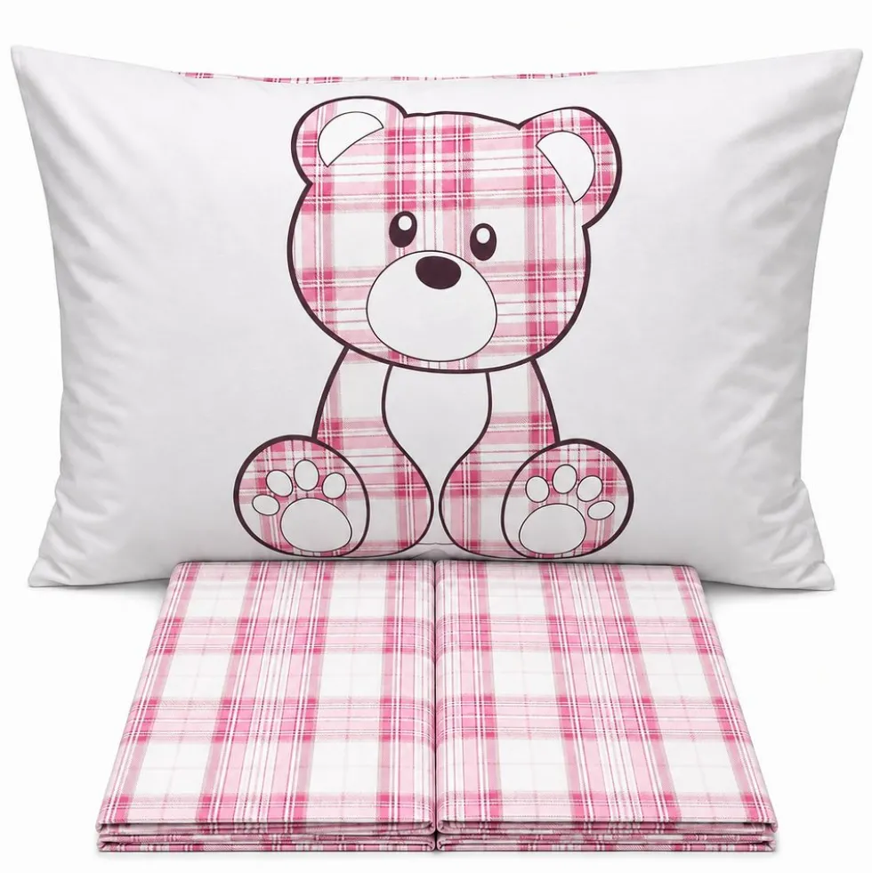 Completo Lenzuola Orsetto tartan Rosa Matrimoniale
