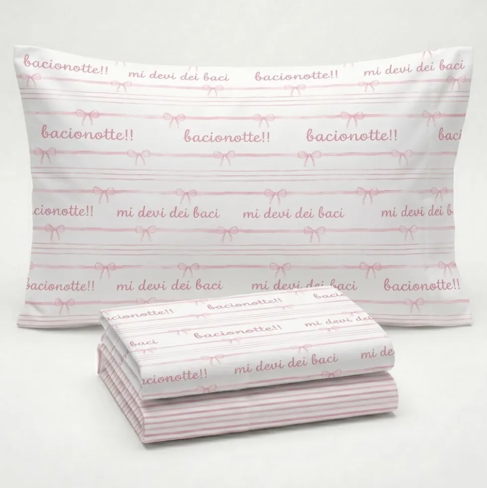 Completo Lenzuola Percalle Fiocco Rosa Matrimoniale