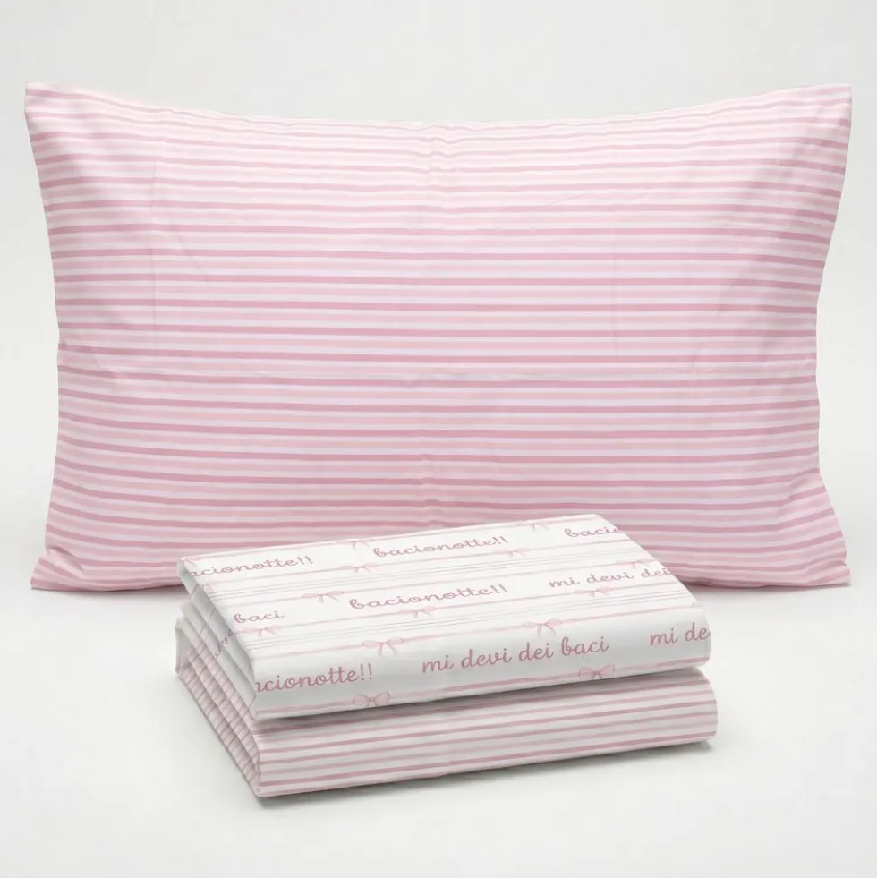 Completo Lenzuola Percalle Fiocco Rosa Matrimoniale