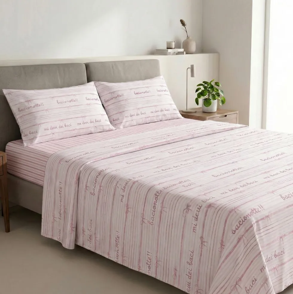 Completo Lenzuola Percalle Fiocco Rosa Matrimoniale