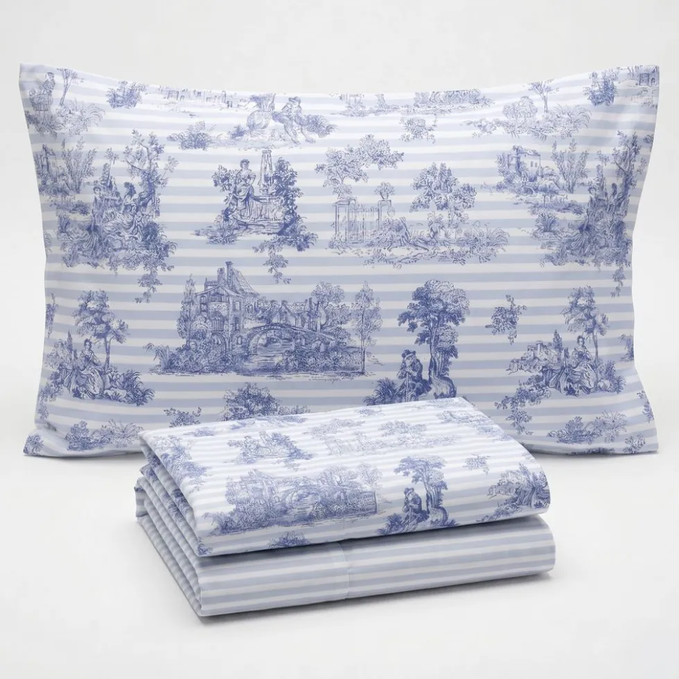 Completo Lenzuola Percalle Toile de jouy blu Matrimoniale