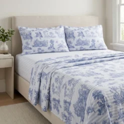 Completo Lenzuola Percalle Toile de jouy blu Matrimoniale