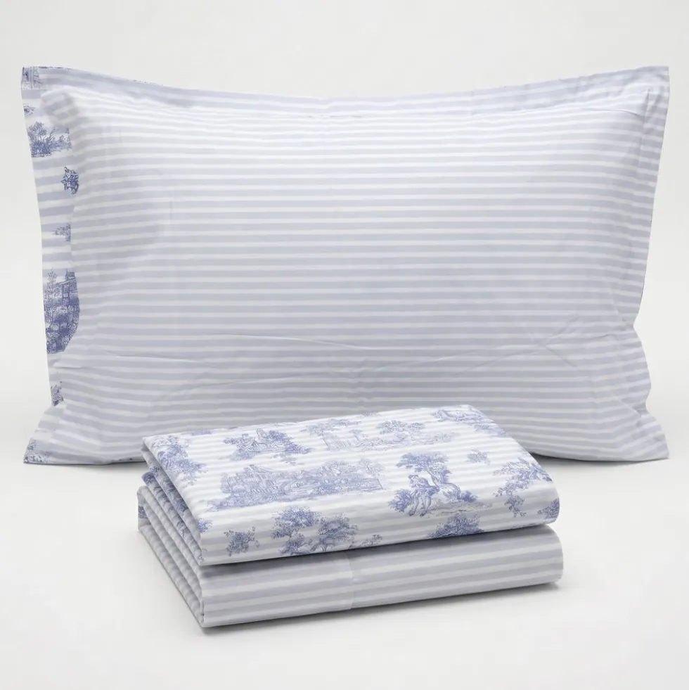Completo Lenzuola Percalle Toile de jouy blu Matrimoniale