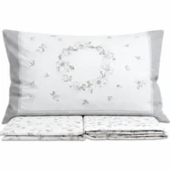 Completo Lenzuola Percalle Venezia Marsiglia Fiori Grigio Matrimoniale