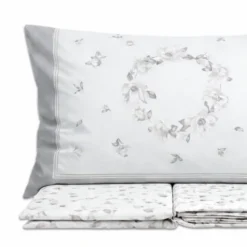 Completo Lenzuola Percalle Venezia Marsiglia Fiori Grigio Matrimoniale