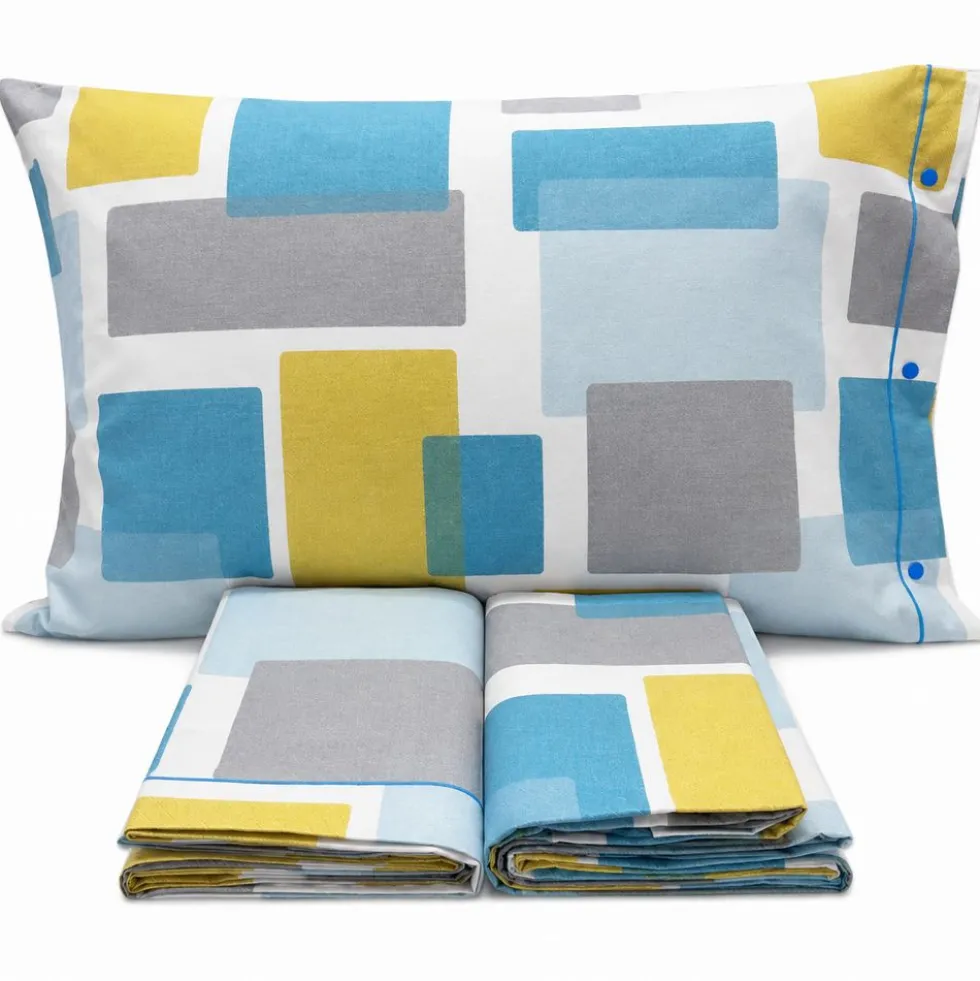 Completo Lenzuola square quadri azzurro matrimoniale
