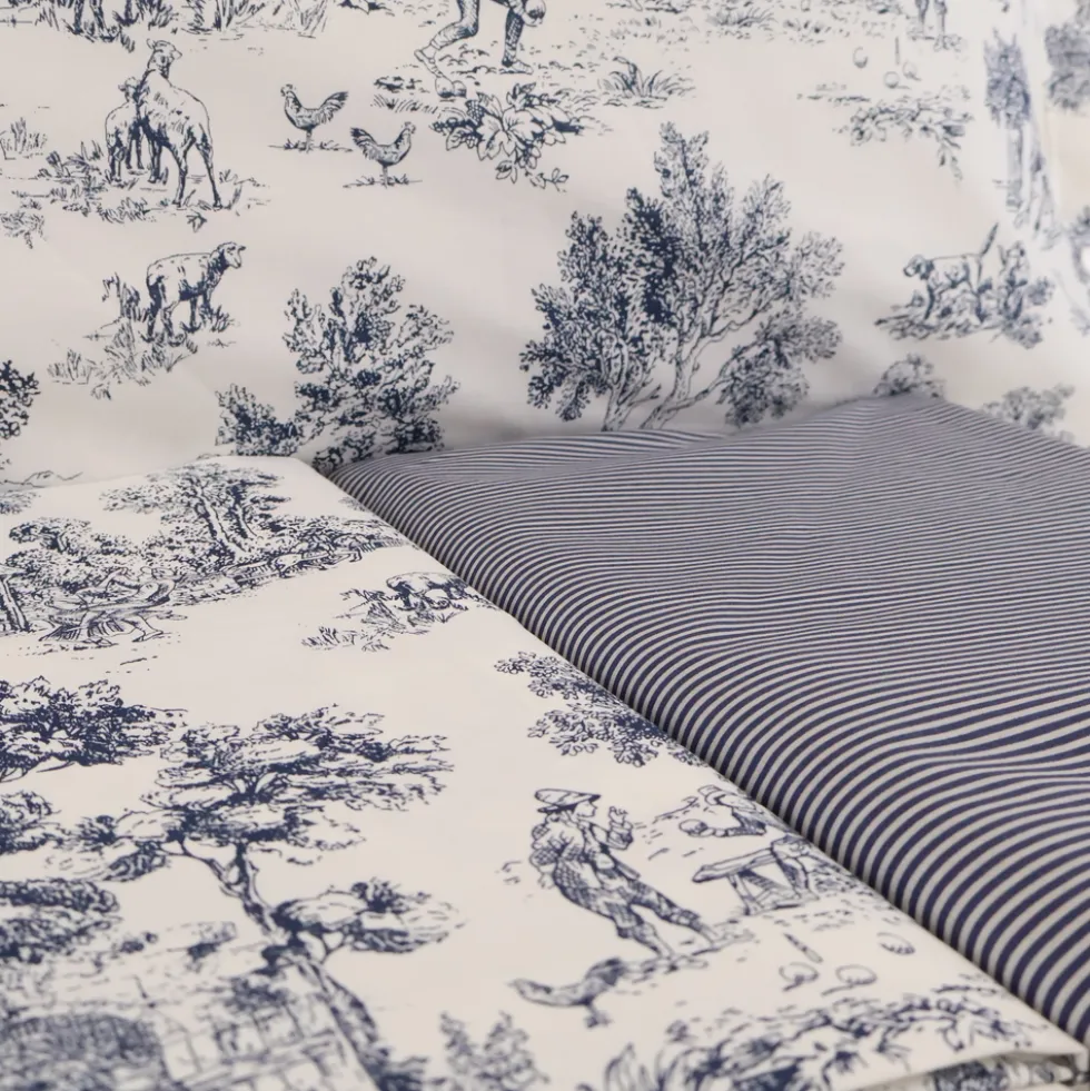 Completo Lenzuola Toile de jouy blu Matrimoniale