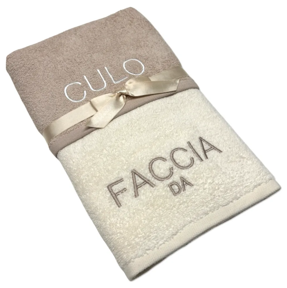Coppia asciugamani faccia da culo tortora ricamati