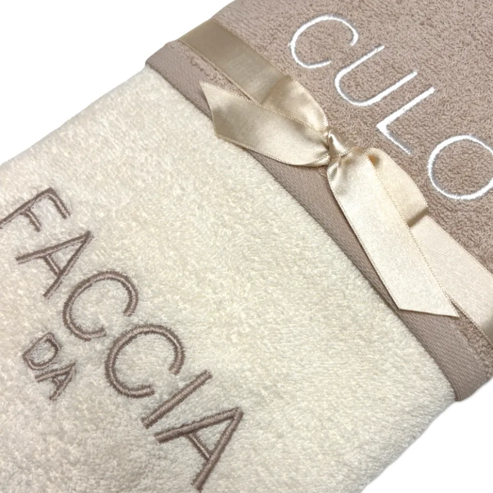 Coppia asciugamani faccia da culo tortora ricamati
