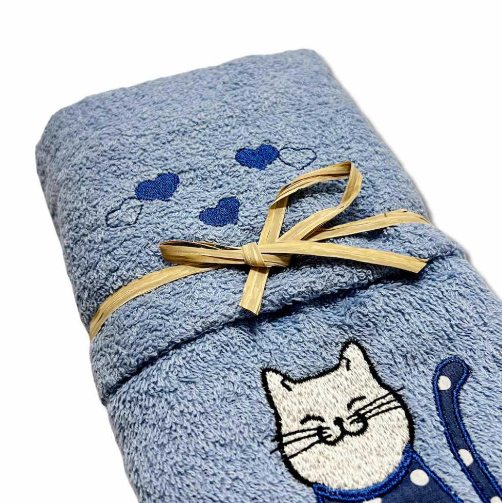 Coppia asciugamani Gattone Blu fondo azzurro