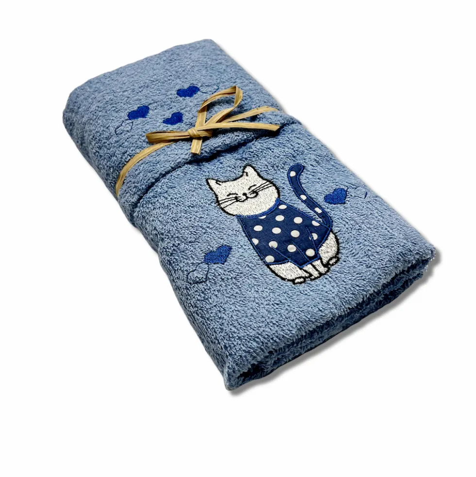Coppia asciugamani Gattone Blu fondo azzurro