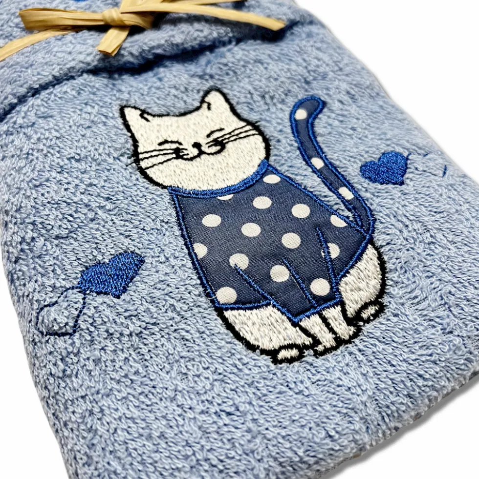 Coppia asciugamani Gattone Blu fondo azzurro