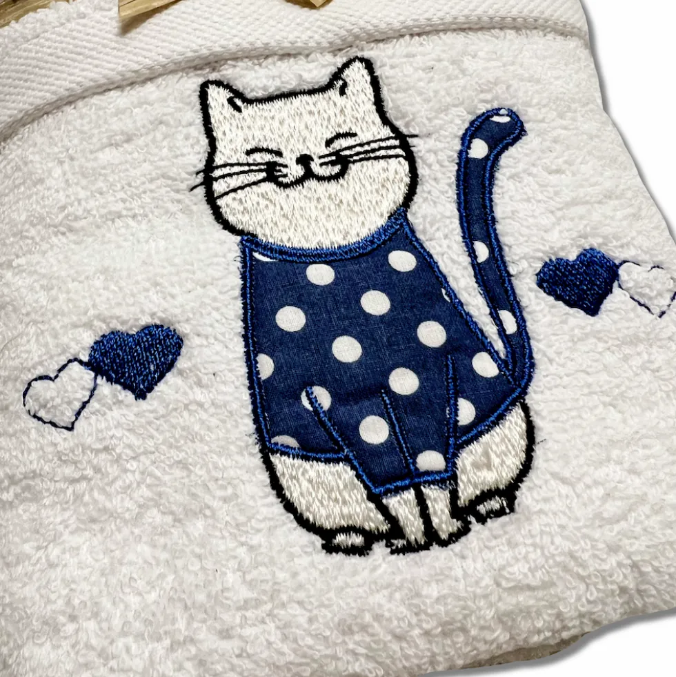 Coppia asciugamani Gattone ricamato blu su bianco