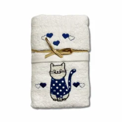 Coppia asciugamani Gattone ricamato blu su bianco