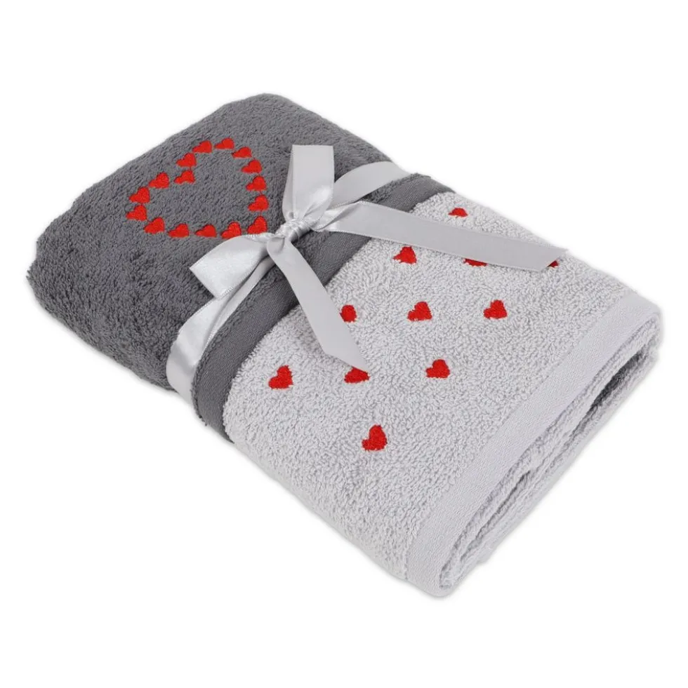 Coppia asciugamani Ricamati Cuori Grigio DIS. 20