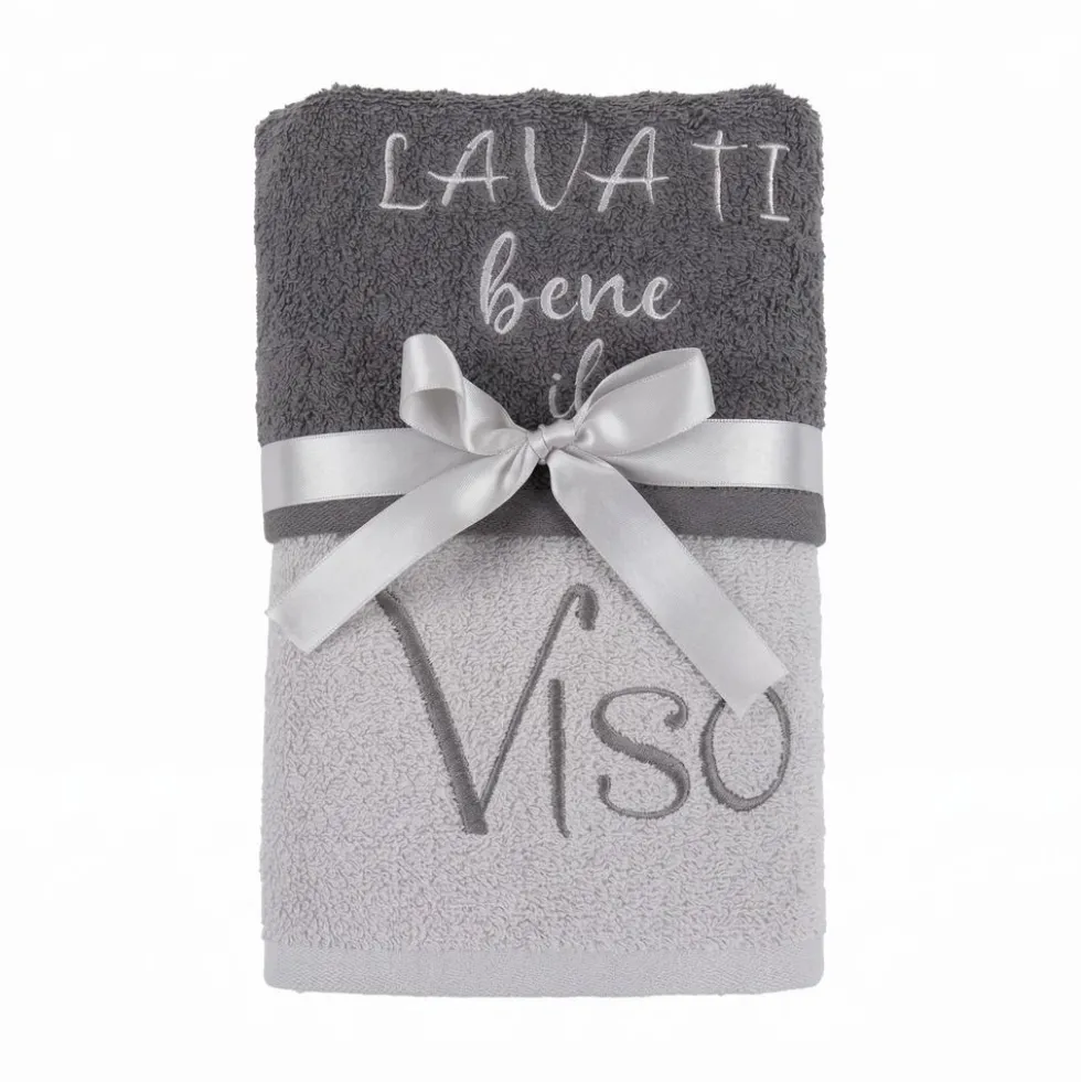 Coppia asciugamani Ricamati Lavati bene il viso Grigio DIS. 15