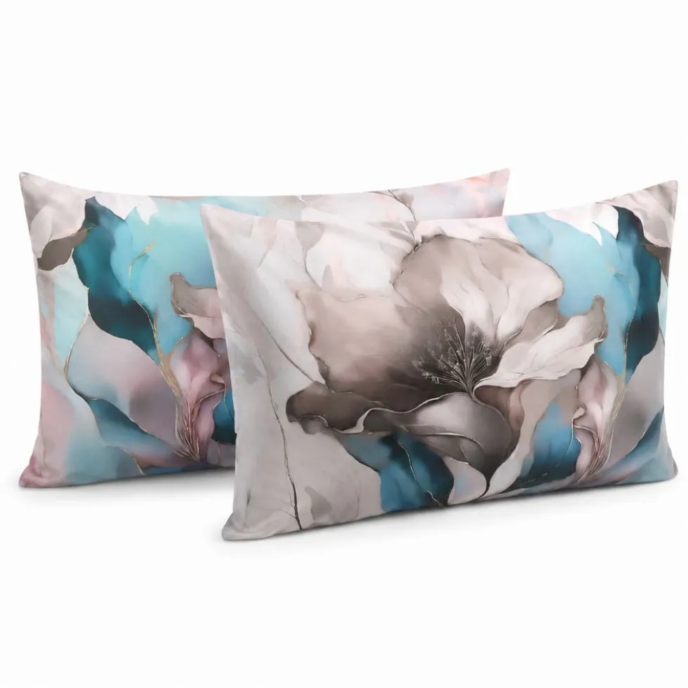 Coppia Federe Decoration Disegno 10 Fiori Rosa Azzurro