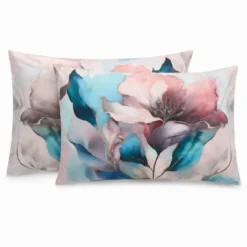 Coppia Federe Decoration Disegno 10 Fiori Rosa Azzurro