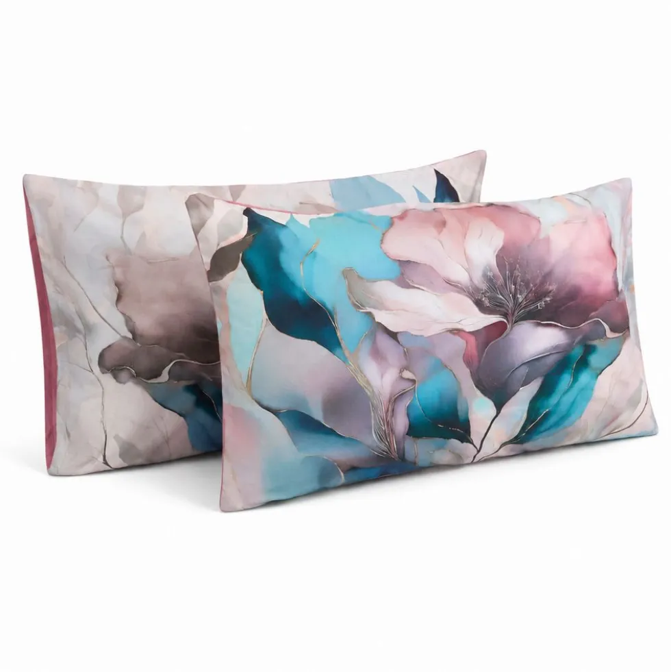 Coppia Federe Decoration Disegno 10 Fiori Rosa Azzurro