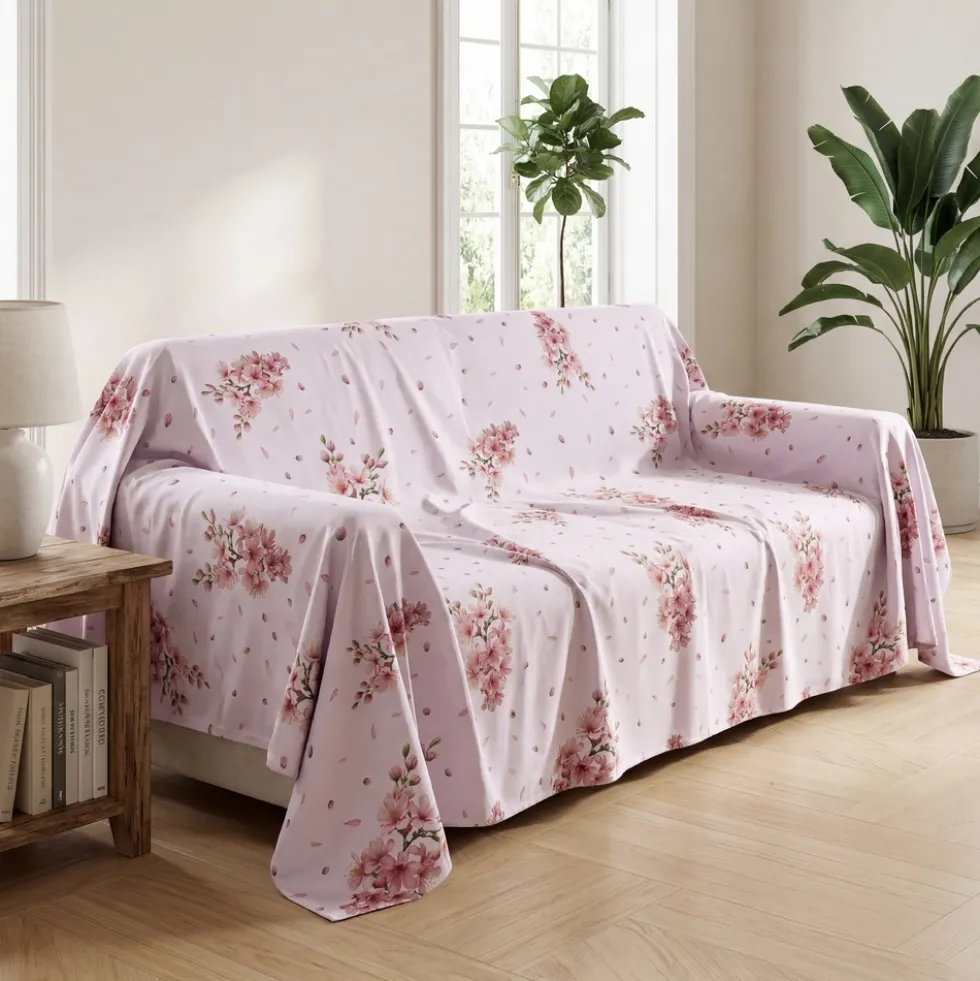 Copridivano copritutto cotone leggero Silene fiori rosa 260 x 295