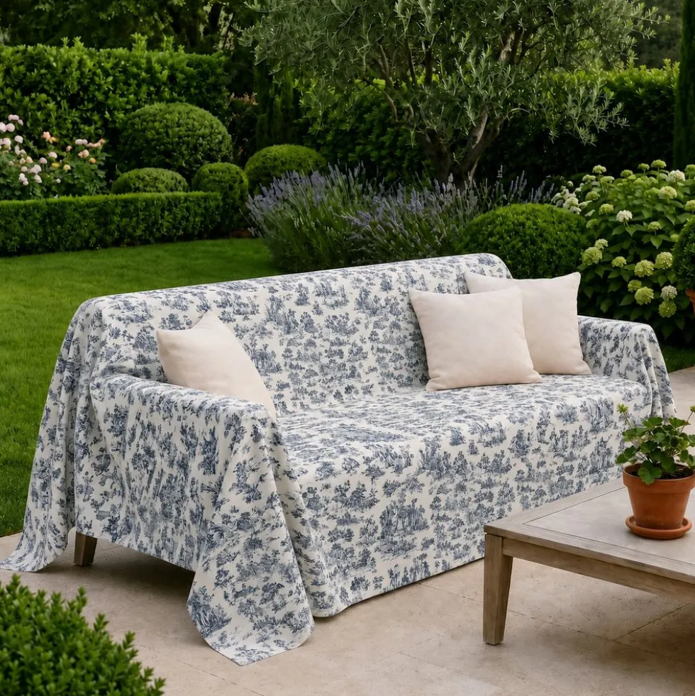 Copridivano copritutto Toile de Jouy Blu fondo Panna 260 x 280