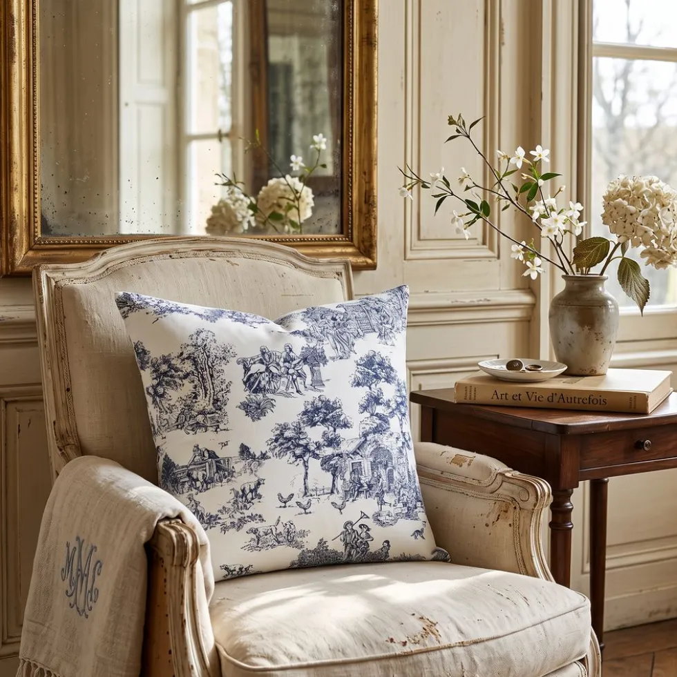 Federa cuscino Toile de Jouy Blu 40 x 40